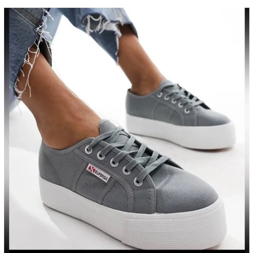 Superga Linea Up and Down Grey Canvas Platforms Sneakers 38/7